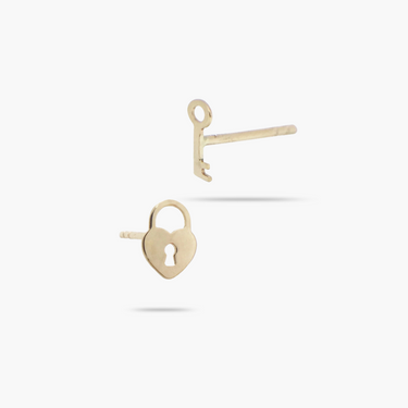 14k Solid Gold Heart Padlock & Key Stud Earrings