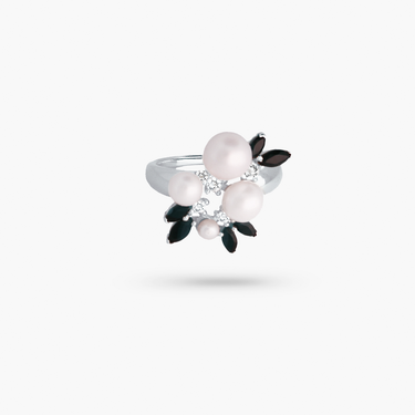 Amare Wear Pearl Blossom Ring with White Topaz and Black Onyx