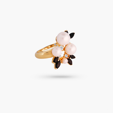Amare Wear Pearl Blossom Ring with White Topaz and Black Onyx