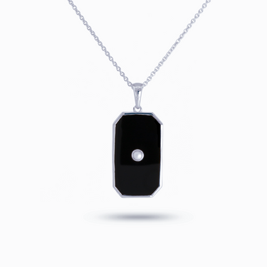 Men’s • All Gender Black Onyx with Pearl and White Topaz 2-Sided Tag Necklace