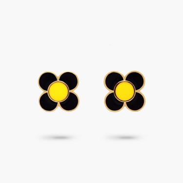 Amare Wear Daisy Flower Black and Yellow Enamel Stud Earring