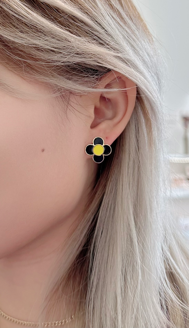Amare Wear Daisy Flower Black and Yellow Enamel Stud Earring