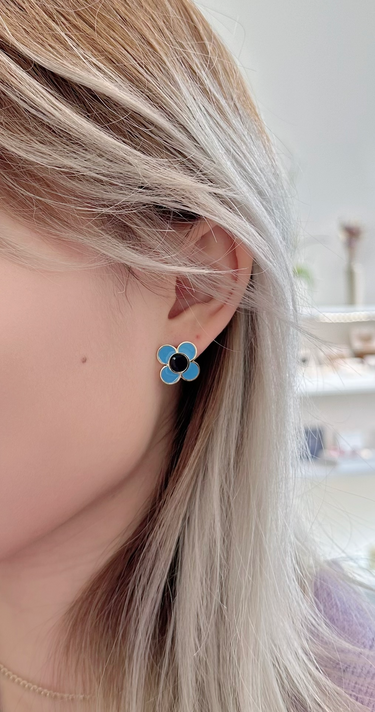 Amare Wear Daisy Flower Blue and Black Enamel Stud Earring
