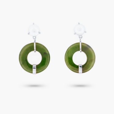 Amare Wear Oriental Inspired Freshwater Pearl and Rare Jade Dangle Earrings Silver