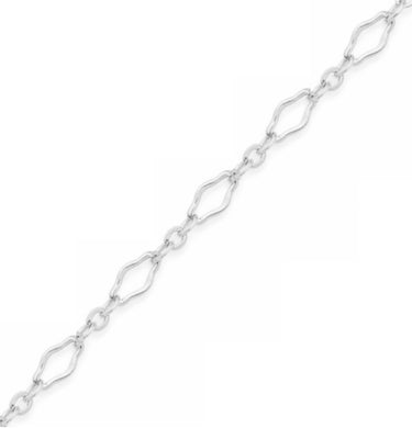 A close-up of a silver chain link bracelet featuring elongated, wavy marquise-shaped links connected by small oval links, shown against a plain white background.
