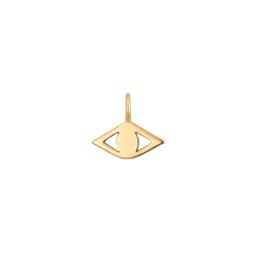 A simple 14k yellow gold evil eye dangle charm.