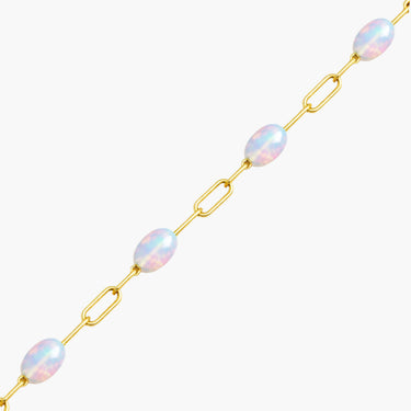gold filled paperclip chain with pink enamel beads