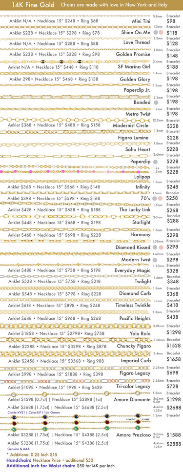 A printed reference chart listing many necklace names, codes, and weight/price information for 14K gold chains, with small chain diagrams and color-coded rows on a white background.