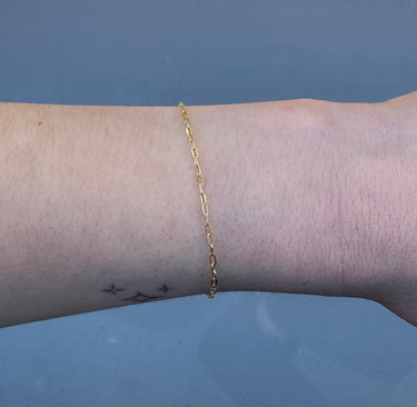 thin 14k gold paperclip chain on a wrist