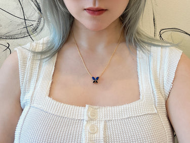 Amare Wear Lapis and Onyx Butterfly Necklace Gold Vermeil