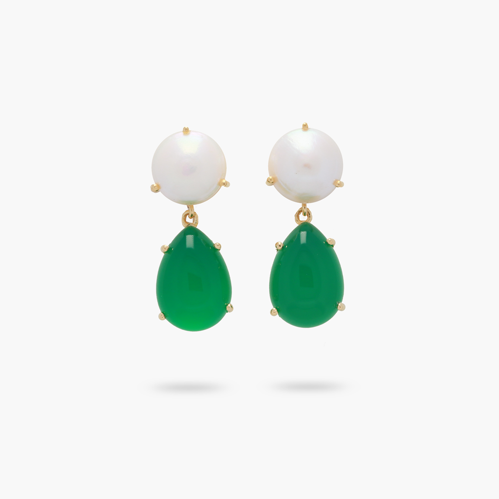 Freshwater Pearl and Teardrop Green Onyx Statement Earring