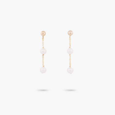 Amare Wear 14k Solid Gold Bead Ball Dangle Akoya Pearl 2 Drop Earrings