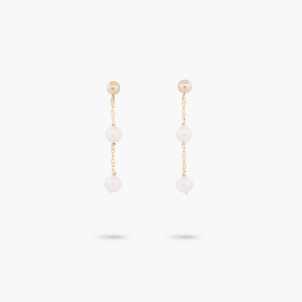Amare Wear 14k Solid Gold Bead Ball Dangle Akoya Pearl 2 Drop Earrings