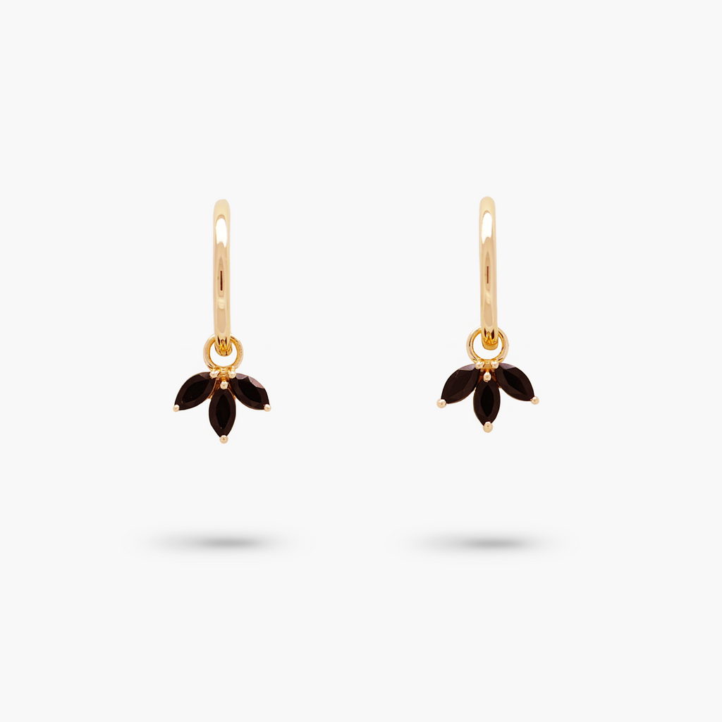 Amare Wear Huggie with Marquise Black Onyx Three Leaf Dangle Pendant Earrings