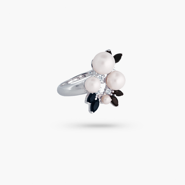 Amare Wear Pearl Blossom Ring with White Topaz and Black Onyx