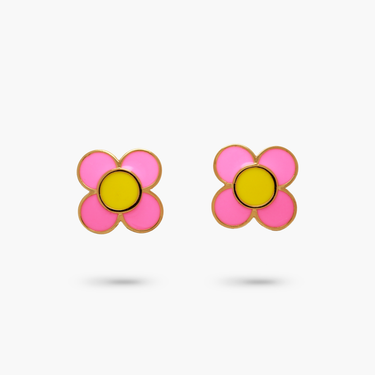 Amare Wear Daisy Flower Pink and Yellow Enamel Stud Earring