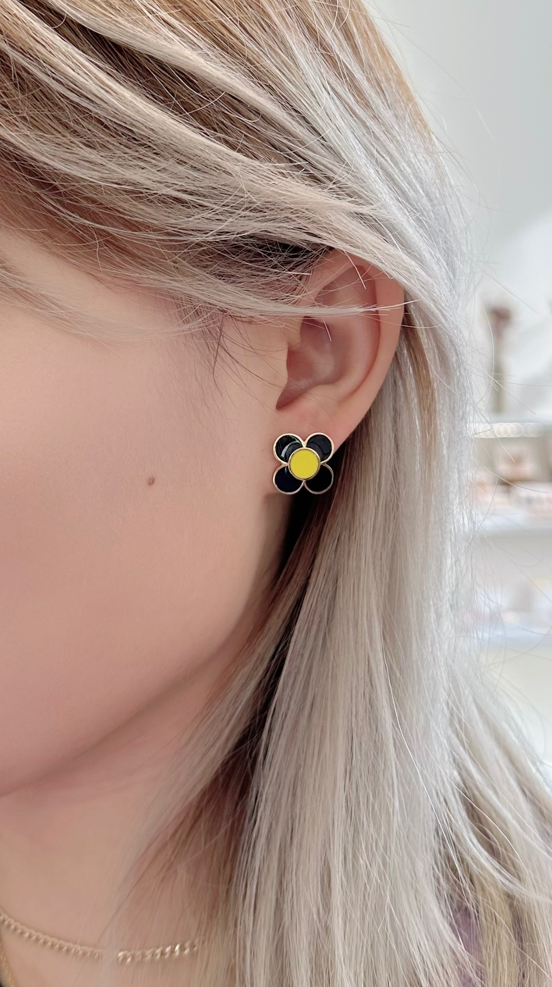 Daisy Flower Black and Yellow Enamel Stud Earring