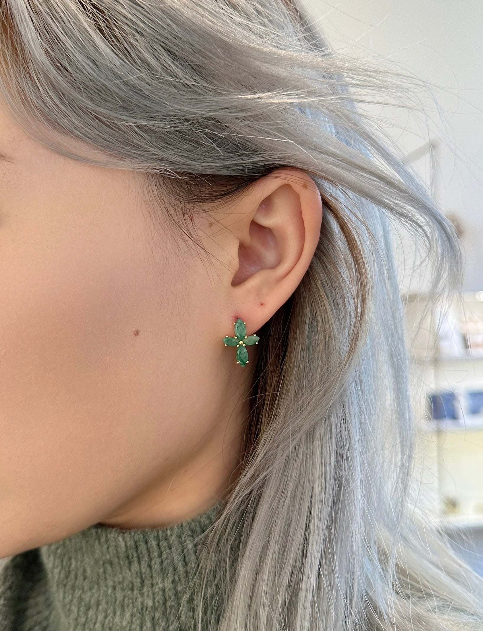 Amare Wear Marquise Flower Green Onyx Earring Studs