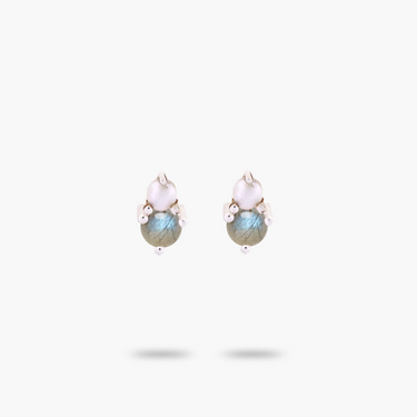 Amare Wear Petite Labradorite with Freshwater Pearl Stacked Stud Earring Silver