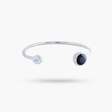 Amare Wear Black Spinel and Moonstone Silver Handcuff Bracelet