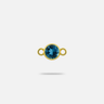 Small connector charm in yellow gold with faceted, round blue topaz.