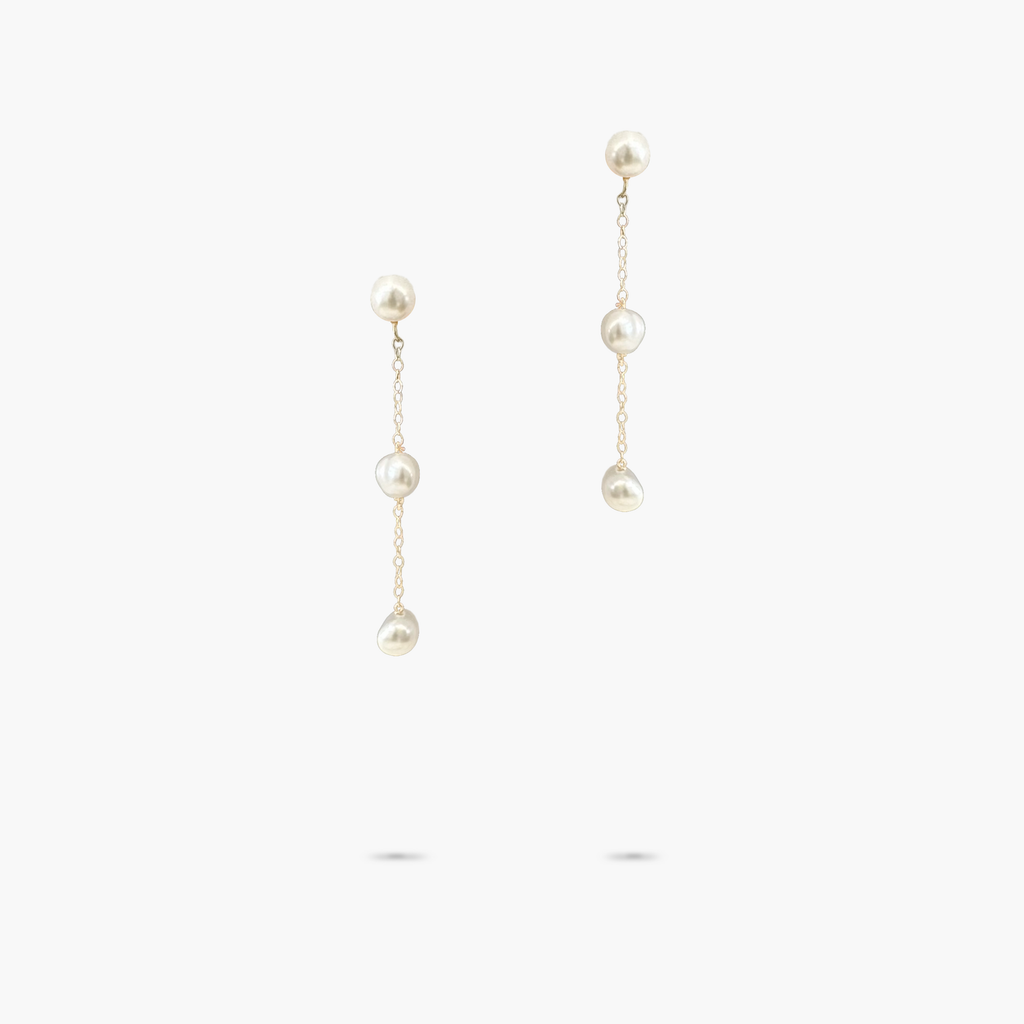 Amare Wear 14k Solid Gold Akoya Pearl 3 Drop Earrings