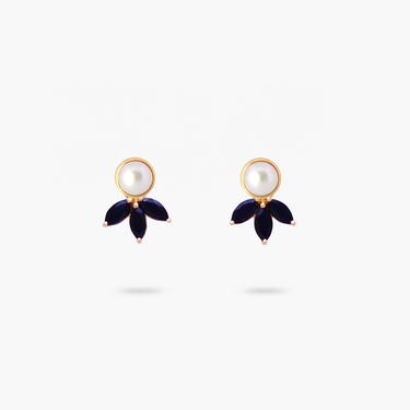 Amare Wear Freshwater Pearl Stud with Marquise Black Onyx Three Leaf Pendant Earrings