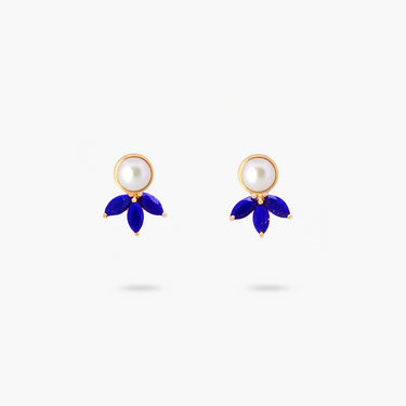 Amare Wear Freshwater Pearl Stud with Marquise Lapis Three Leaf Pendant Earrings