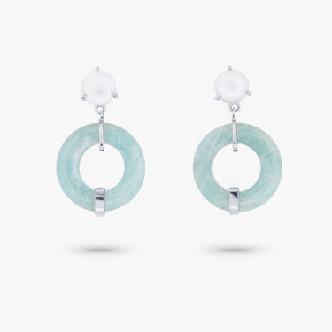 Amare Wear Oriental Inspired Freshwater Pearl and Aquamarine Dangle Earrings Silver