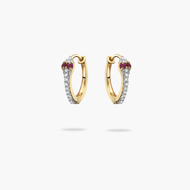 Mini Diamond Snake Huggie Earring  with Ruby Eyes 14K Gold